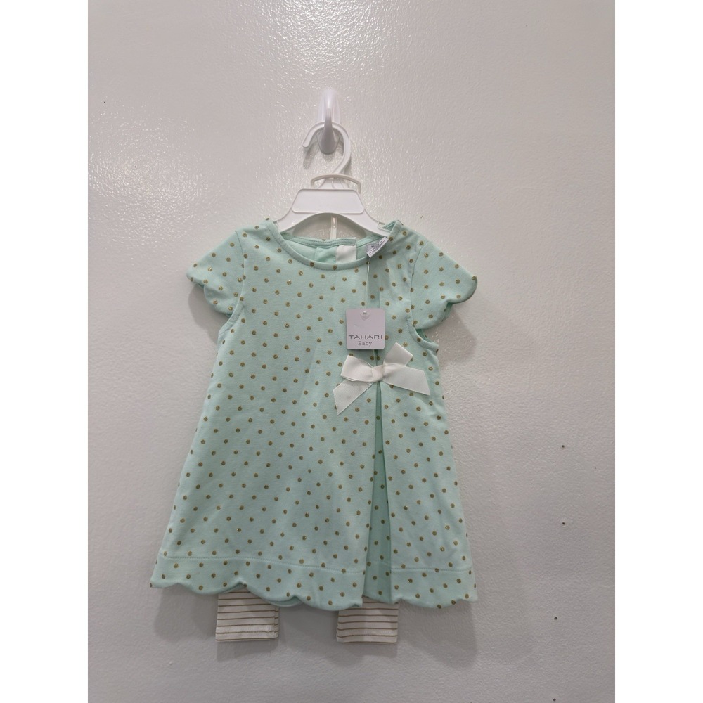 Tahari Baby Girls 2-Piece Dress & Leggings Set Mint Green Gold Polka Dot NWT 12M